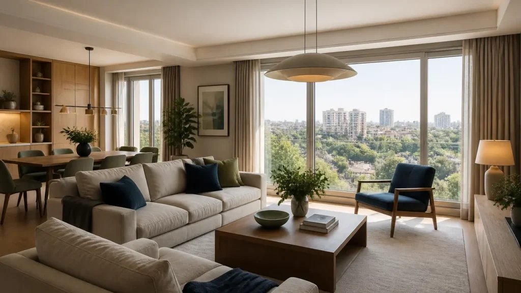 Şehir manzaralı, doğal tonlarda modern aile salonu