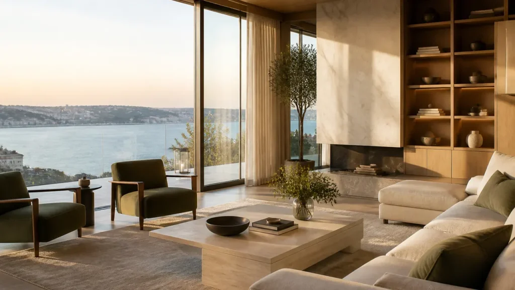 Gün ışığı alan, taş ve ahşap detaylı modern salon